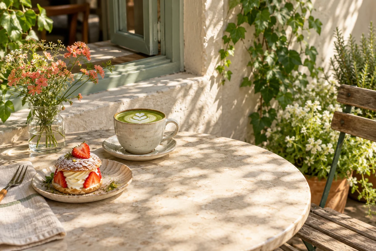 Matcha and a strawberry pastry at a sunny café