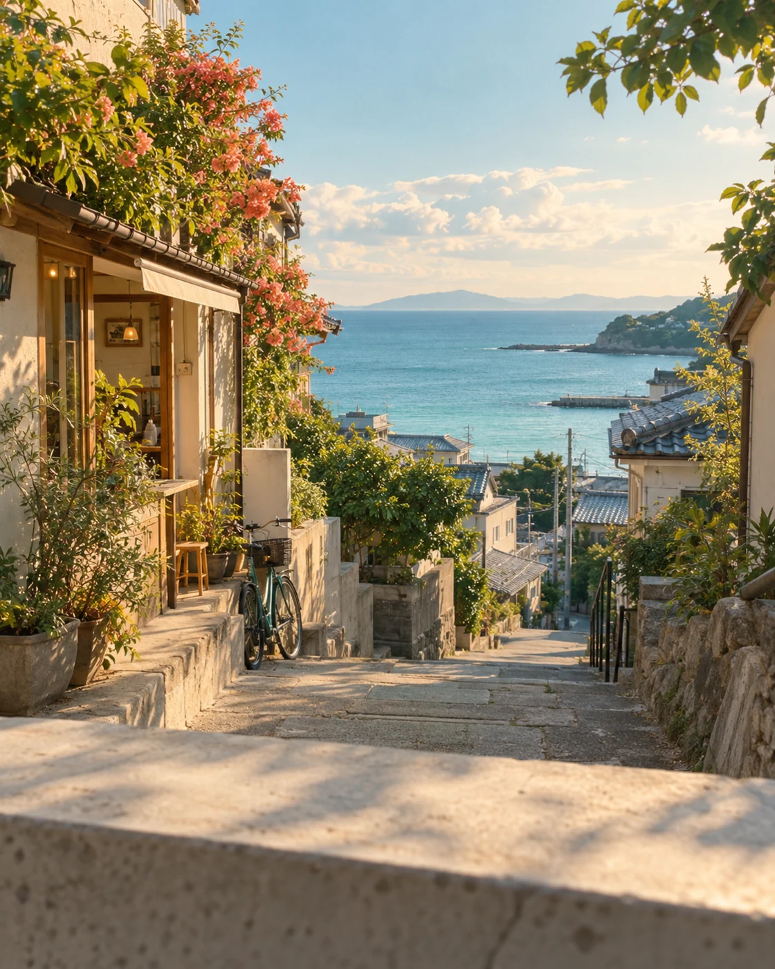 A sunlit lane leading down to the sea